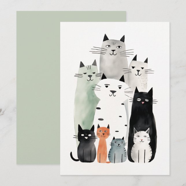 Cats and Friends Watercolor Gouache Illustration Invitation (Front/Back)