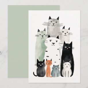 Cats and Friends Watercolor Gouache Illustration Invitation