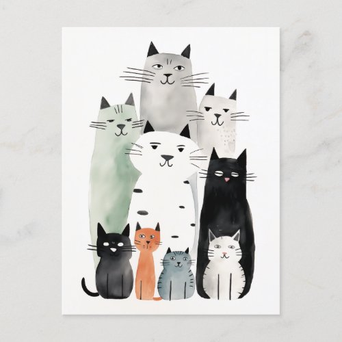 Cats and Friends Watercolor Gouache Illustration Postcard
