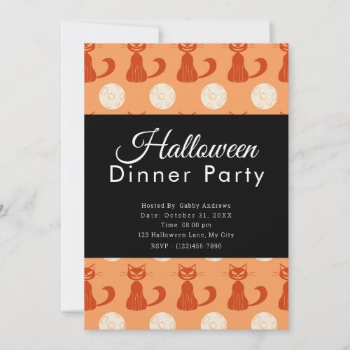 Cats and Full Moons Orange Halloween Dinner Party Invitation