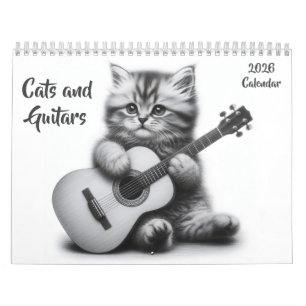 Cats and Guitars Black and White 2026 Calendar