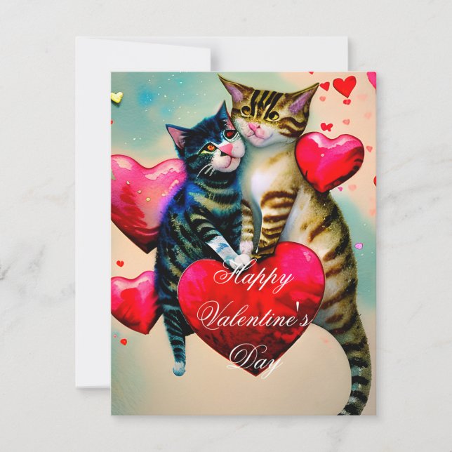 Cats and hearts kids valentine holiday card (Front)