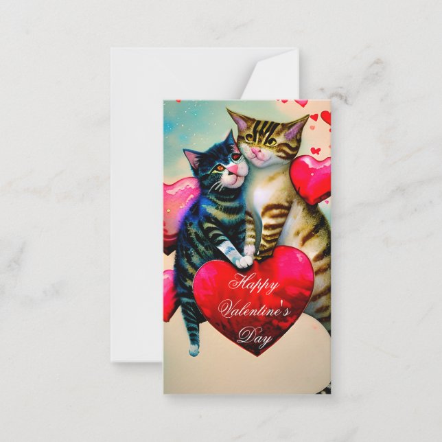 Cats and hearts kids valentine note card (Front)