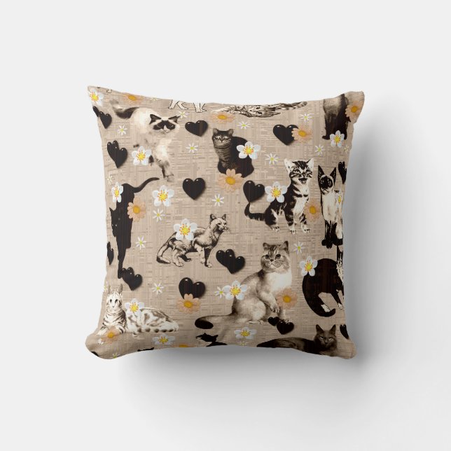 Cats and Hearts Throw Pillow (Front)