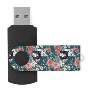 Cats And Kittens With Roses And Wildflowers Flash Drive