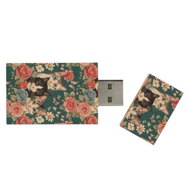 Cats And Kittens With Roses And Wildflowers Wood Flash Drive (Opened)