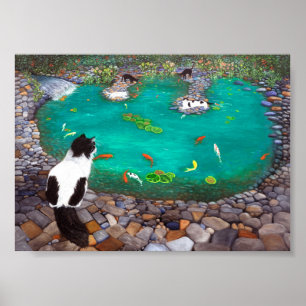 Cats and Koi Fish art print. Gift for cat lovers. Poster