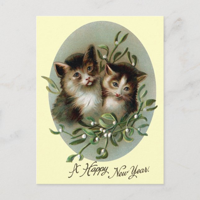 Cats and Mistletoe Vintage New Year Holiday Postcard (Front)