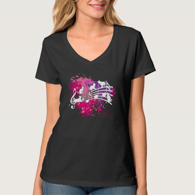 Cats And Music Kittens Romp On Staves And Musical  T-Shirt (Front)