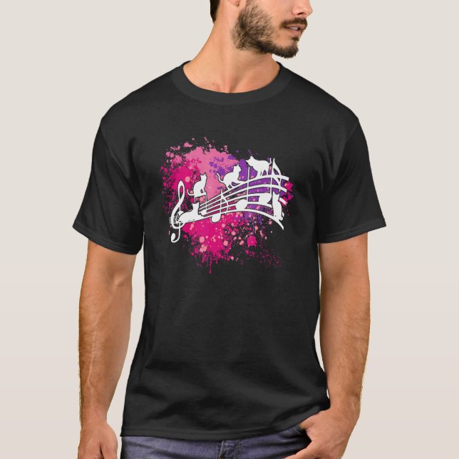 Cats And Music Kittens Romp On Staves And Musical  T-Shirt (Front)