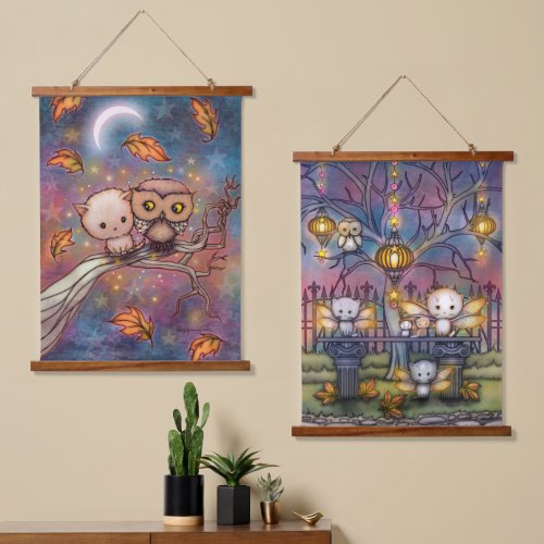 Cats and Owls Cute Artwork by Molly Harrison Hanging Tapestry