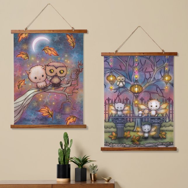 Cats and Owls Cute Artwork by Molly Harrison Hanging Tapestry (Asymmetrical)