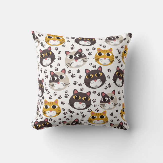Cats and paw prints pattern throw pillow (Front)