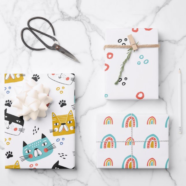 Cats And Rainbows Pattern Wrapping Paper Sheets (Front)