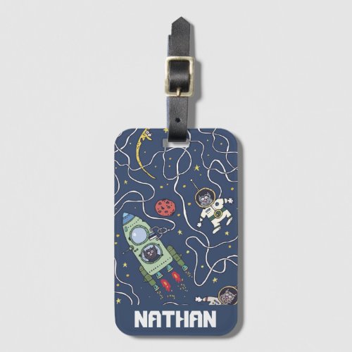 Cats and Rockets in Space Personalised Kids  Luggage Tag