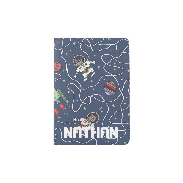 Cats and Rockets in Space Personalised Kids Passport Holder (Front)