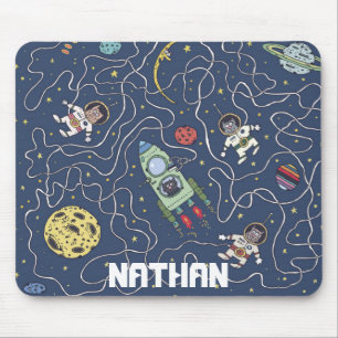 Cats and Rockets in Space Personalized Kids Mouse Pad