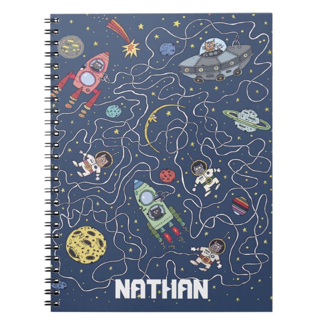 Cats and Rockets in Space Personalized Kids Notebook (Front)