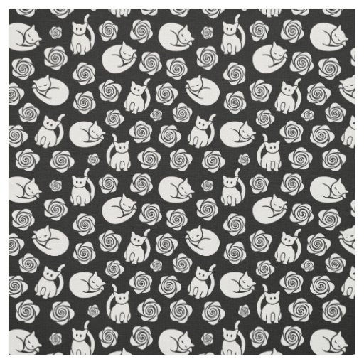 Cats and Roses Black and White Fabric