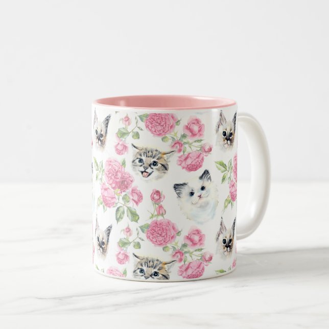 Cats and Roses Two-Tone Coffee Mug (Front Right)