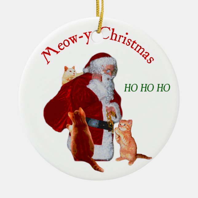 Cats and Santa Ceramic Ornament (Front)