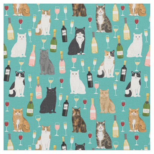 Cats and Wine cat lady pattern Fabric