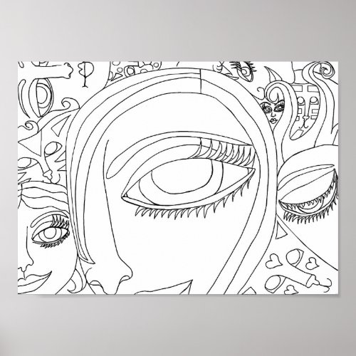 Cats And Womens Faces Abstract Coloring Page Poster