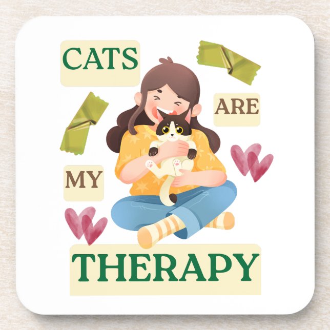 Cats Are My Therapy – Cute Cat Lover Design  Beverage Coaster (Front)