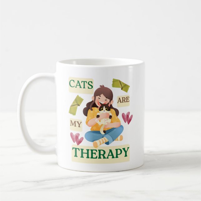 Cats Are My Therapy – Cute Cat Lover Design Coffee Mug (Left)