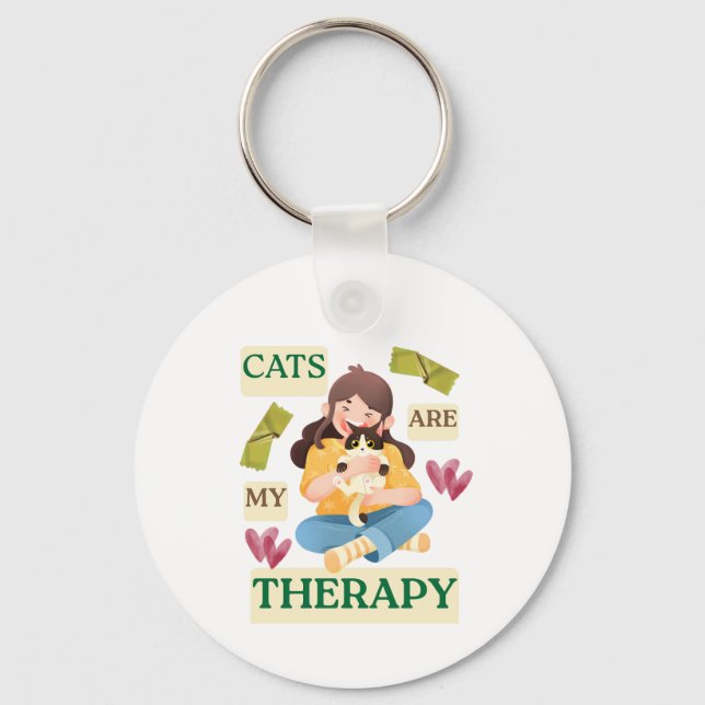 Cats Are My Therapy – Cute Cat Lover Design  Keychain (Front)