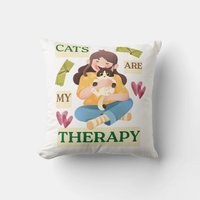 Cats Are My Therapy – Cute Cat Lover Design Throw Pillow (Front)