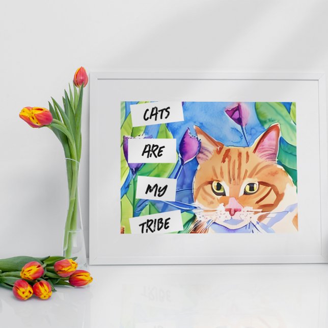 Cats are My Tribe | Orange Cat and Flowers Metal Print (Creator Uploaded)