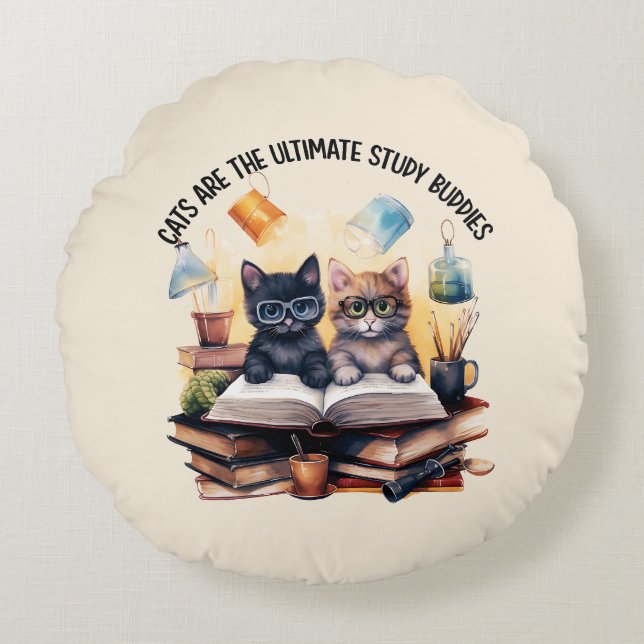 Cats Are The Ultimate Study Buddies Round Pillow (Front)