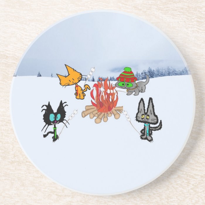 Cats Around A Campfire Roasting Marshmellows Drink Coaster