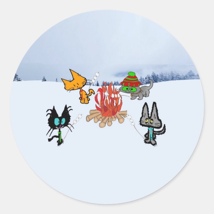 Cats Around A Campfire Roasting Marshmellows Round Stickers