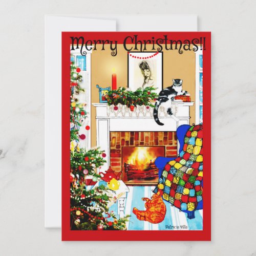 Cats around Cozy Hearth with Fire Christmas Card