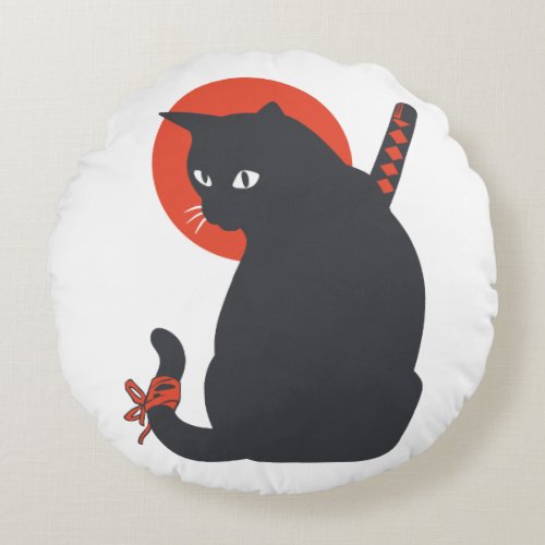 Cats as Warrior Samurai _ Choose background color Round Pillow