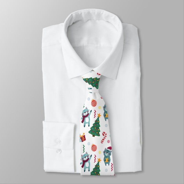 Cats At christmas Whimsical Pattern Neck Tie (Tied)