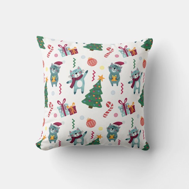 Cats At christmas Whimsical Pattern Throw Pillow (Front)
