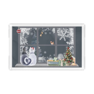 Cats at Christmas Window  Acrylic Tray