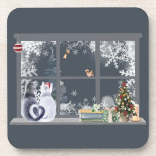 Cats at Christmas Window  Beverage Coaster