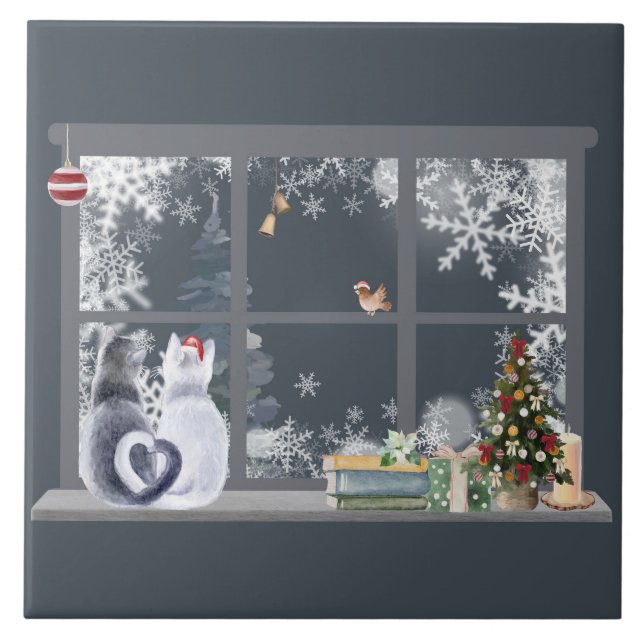 Cats at Christmas Window  Ceramic Tile (Front)