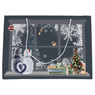Cats at Christmas Window  Large Gift Bag