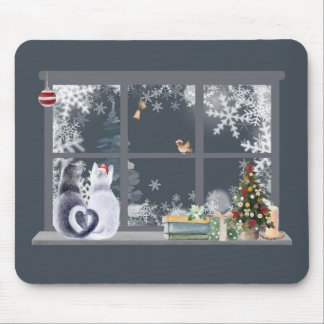 Cats at Christmas Window Mouse Pad