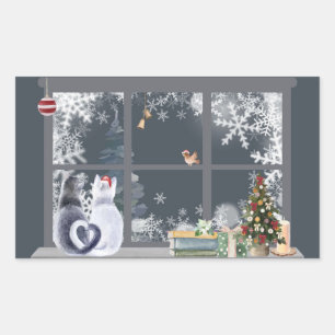 Cats at Christmas Window Rectangular Sticker