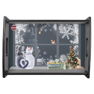 Cats at Christmas Window Serving Tray