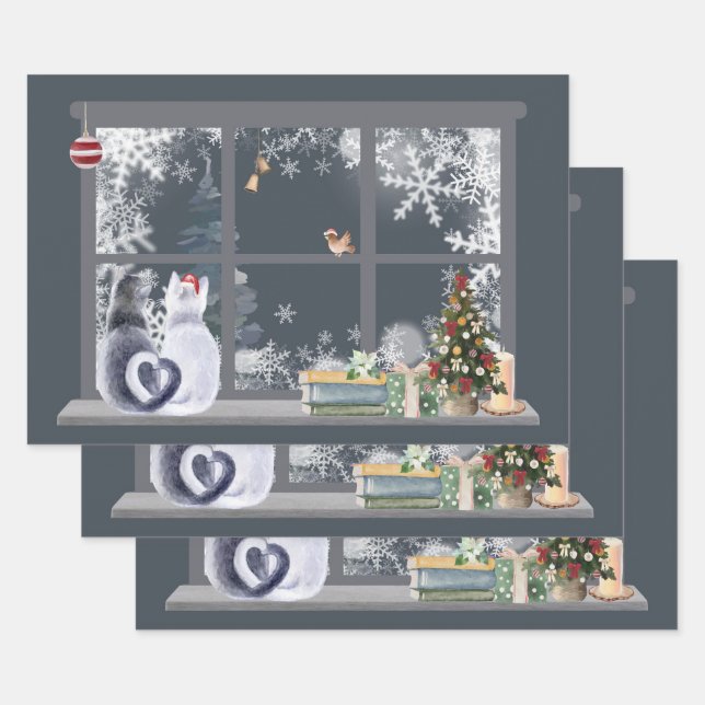 Cats at Christmas Window  Wrapping Paper Sheets (Set)