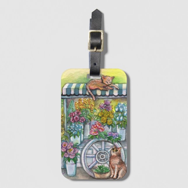 Cats at Flower Stand Luggage Tag (Front Vertical)