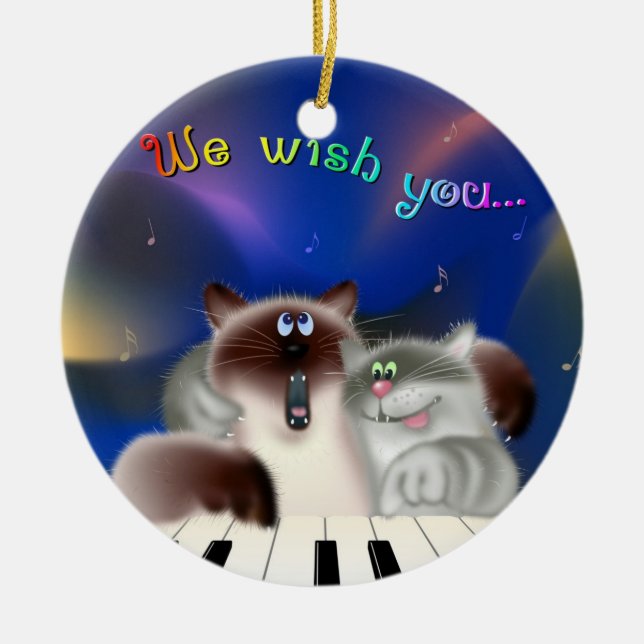 Cats at Piano Ceramic Ornament (Front)