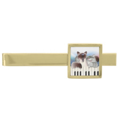 Cats at Piano Gold Finish Tie Bar